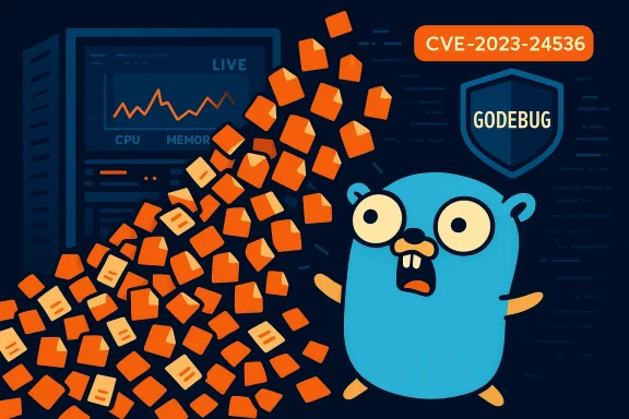 Go gopher terrified as orange data blocks flood the system amid CVE-2023-24536.