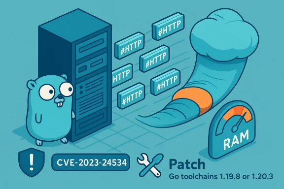 Cartoon depicts a server, RAM, and cloud patching CVE-2023-24534 for Go toolchains.