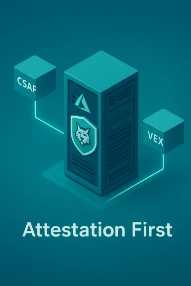 Attestation First: isometric server connected to CSAF and VEX blocks.