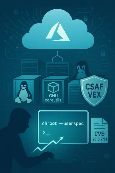 Azure cloud security illustration with Linux, GNU coreutils, and CVE references.