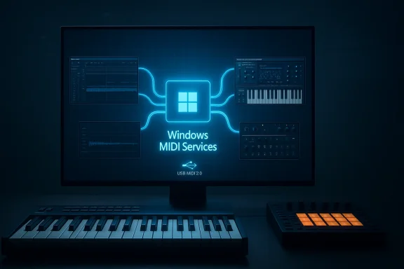 Blue neon Windows MIDI Services diagram displayed on a monitor, with keyboard and MIDI pad.