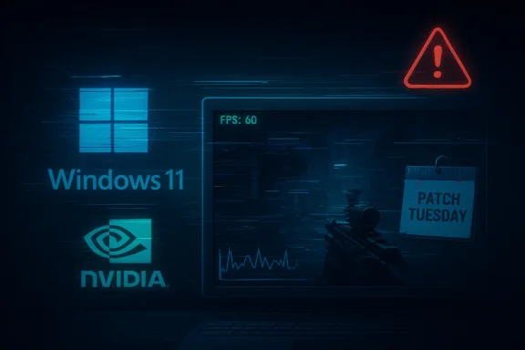 Cyberpunk workstation with Windows 11, NVIDIA branding, a scoped rifle, and Patch Tuesday note.