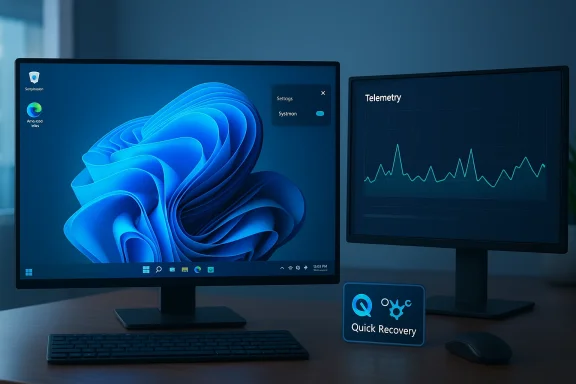 Dual-monitor Windows setup with a blue abstract wallpaper and a telemetry chart on the right screen.