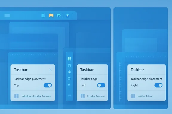 Blue UI collage showing Windows Taskbar edge placement options (Top, Left, Right) for Insider Preview.