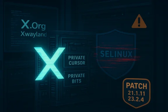 Futuristic tech mural featuring X.Org/Xwayland, SELinux shield, and patch notes.