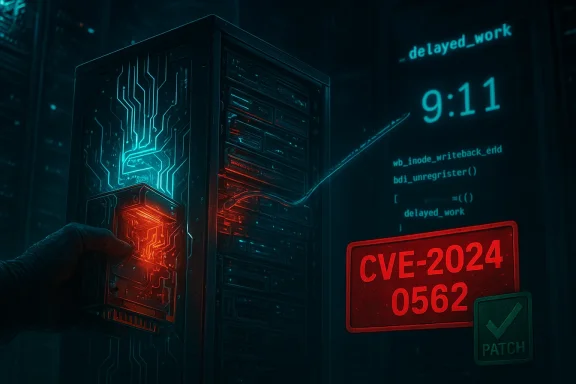 A hand applies a glowing red patch to a server in a neon-drenched data center.