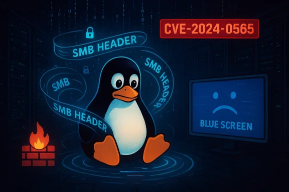 Linux penguin sits amid SMB header spirals, a CVE-2024-0565 alert, beside a blue screen.