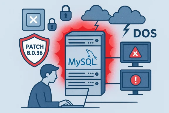 MySQL server under a DoS attack, with patch 8.0.36 and security warnings.