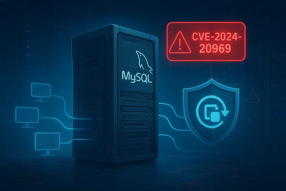 A MySQL server with blue network lines, a red CVE-2024-20969 warning, and a security shield.