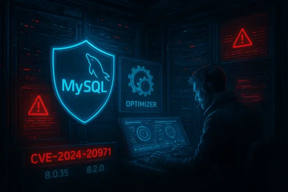 Tech operator at a neon server room monitoring MySQL with an optimizer icon and CVE-2024-20971.