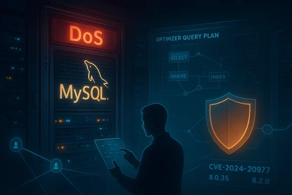 Tech worker inspects MySQL servers in a data center, with holographic optimizer plans and a shield icon.
