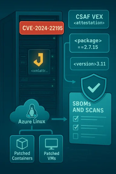 Cybersecurity infographic showing CVE-2024-22195 patch flow from Azure Linux to patched containers and VMs.