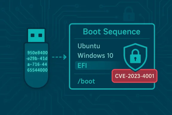 USB drive injects a boot sequence into EFI, showing Ubuntu/Windows 10 and CVE-2023-4001.