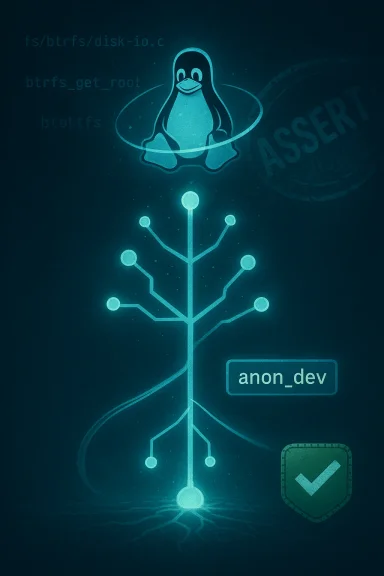 Glowing tree-like circuitry beneath the Linux penguin, labeled anon_dev with a checkmark badge.