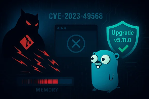 A dark hacker silhouette and a goofy blue rodent urge an upgrade after CVE-2023-49568.