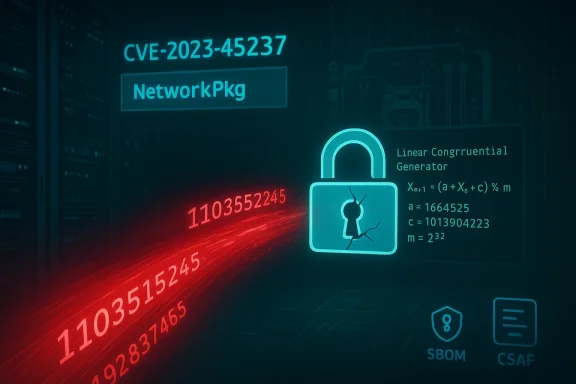 Neon cybersecurity scene with CVE-2023-45237, NetworkPkg, a cracked padlock, and a red data stream.