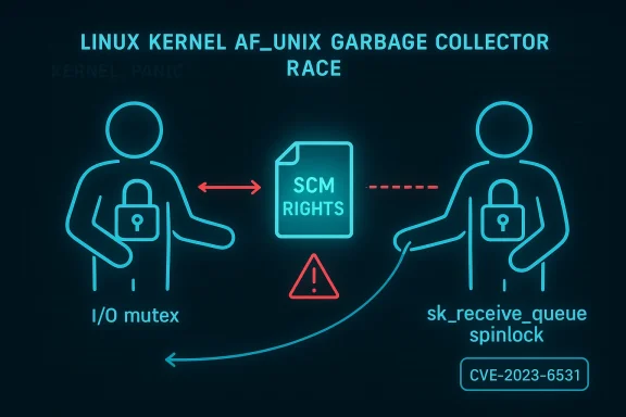 Diagram of Linux kernel AF_UNIX SCM rights race showing I/O mutex and sk_receive_queue spinlock.