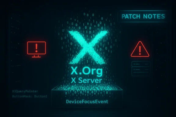 Neon server room scene featuring X.Org X Server, patch notes, and warning icons. Neon server room scene featuring X.Org X Server, patch notes, and warning icons.