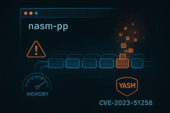 Illustration of a NASM memory vulnerability (CVE-2023-51258) with warning icon and YASM badge.