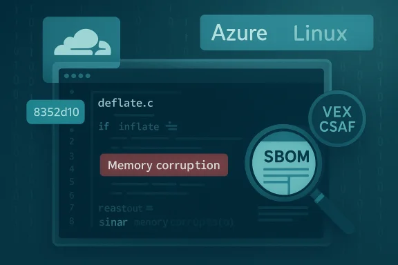 Tech illustration of code and security alerts, highlighting memory corruption and an SBOM, with Azure/Linux branding.