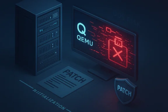 Server rack with a QEMU monitor showing a red glitch, a patch document on the floor, and a PATCH shield.