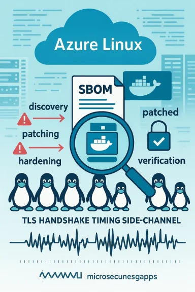 Azure Linux poster showing SBOM, patching, hardening, verification, and TLS timing with penguin icons.