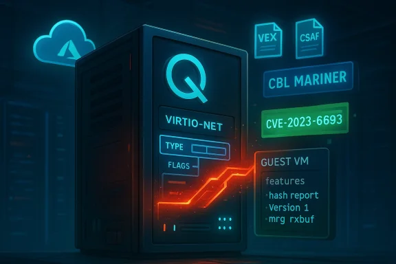 Futuristic neon server rack displaying Virtio-Net and a CVE-2023-6693 security tag.
