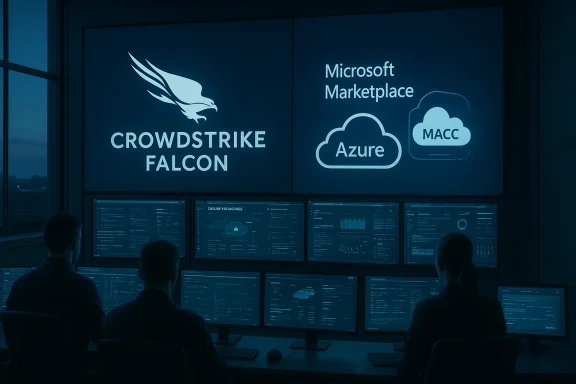 A high-tech security operations center with analysts monitoring multiple screens under CrowdStrike Falcon and Azure branding.