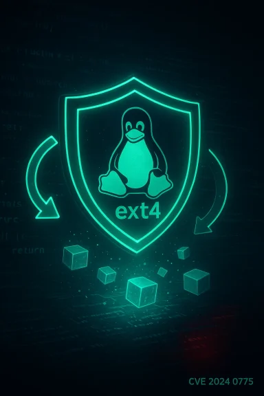 Neon shield logo featuring the Linux penguin and ext4, highlighting CVE-2024-0775.