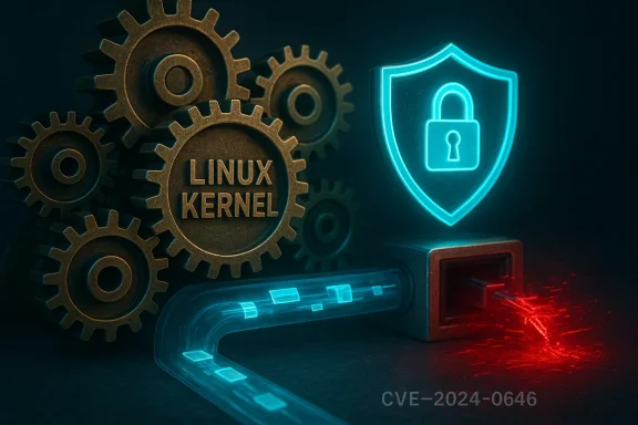 Linux kernel gears with a security shield icon and a glowing exploit, CVE-2024-0646. Linux kernel gears with a security shield icon and a glowing exploit, CVE-2024-0646.