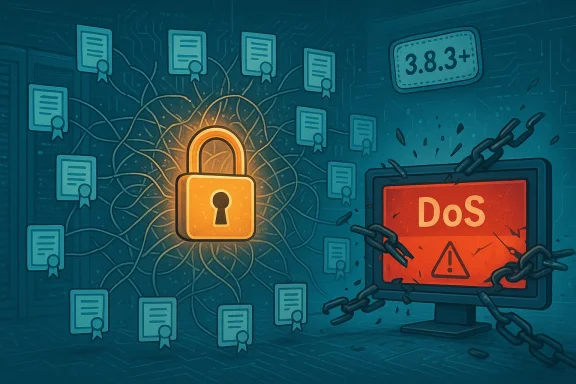 A glowing padlock surrounded by tangled cables and certificates, with a chained monitor showing DoS.