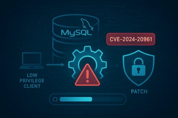 MySQL patch for CVE-2024-20961 in progress, with a warning symbol and shield.