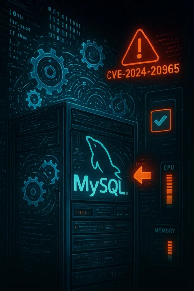A neon-lit server rack featuring the MySQL logo and a CVE-2024-20965 warning sign.