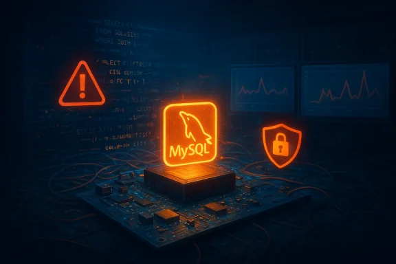 Glowing orange MySQL icon on a circuit board beside warning and security symbols.
