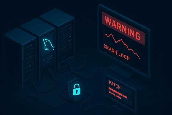 Server rack shows a crash-loop warning, with a glowing penguin logo, patch panel, and shield.