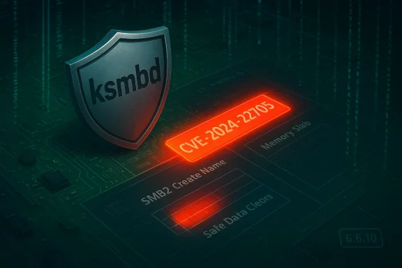 ksmbd shield over a circuit board highlights the CVE-2024-22705 SMB vulnerability.