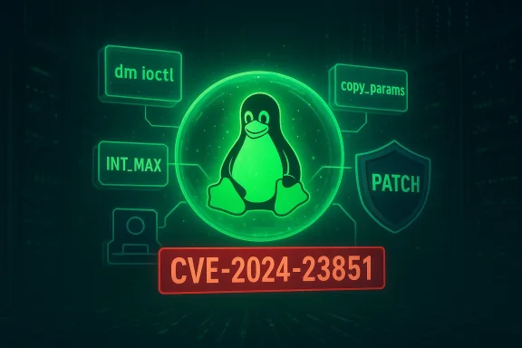 Glowing green Linux penguin at the center, surrounded by patch and CVE-2024-23851 indicators.