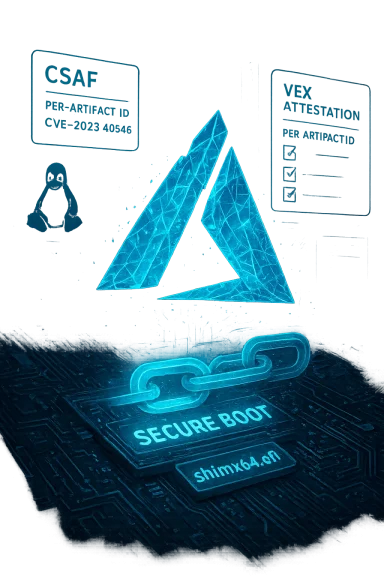 A glowing blue hologram of Secure Boot, with a chain link and an A-shaped emblem.