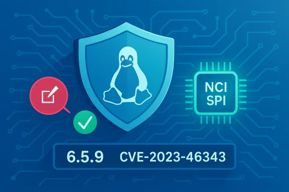 Linux security graphic showing Tux on a shield, with CVE-2023-46343 and circuitry.