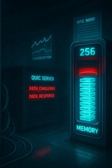 Neon-lit data center with a glowing memory unit and red PATH_CHALLENGE/PATH_RESPONSE panels.
