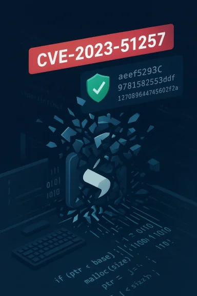 CVE-2023-51257 vulnerability depicted breaking through a shield.