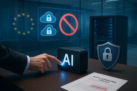 A hand taps an AI device amid holographic security icons, EU flag, shield, and an approved data policy.
