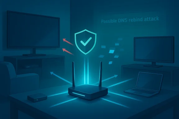 Glowing shield over a router illustrates protection against DNS rebind attacks in a home network.