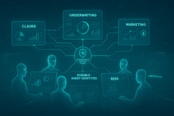 Neon diagram of insurance workflows linked to a central governance plane.
