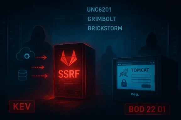 Dark data center with a glowing red SSRF server, hooded figures, and a Tomcat login on a Dell monitor.