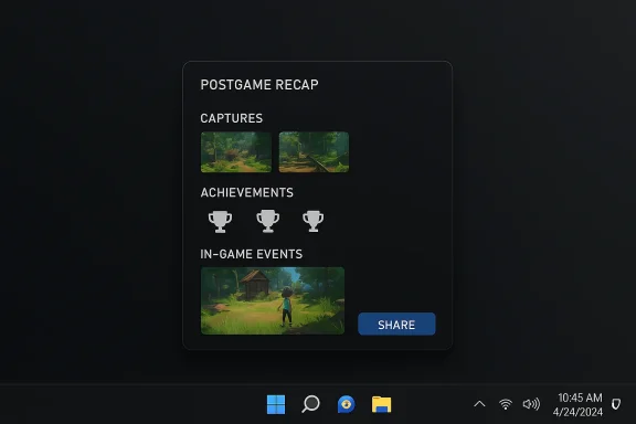 Dark postgame recap panel showing captures, trophies, an in-game image, and a SHARE button.