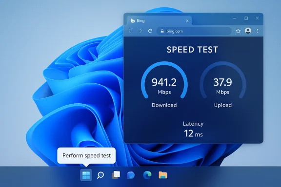 Windows 11 desktop showing Bing speed test results: 941.2 Mbps down, 37.9 Mbps up, 12 ms latency.