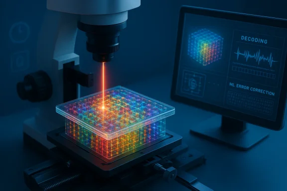 A laser probes a colorful microchip under a microscope, with a monitor showing decoding and ML error correction.
