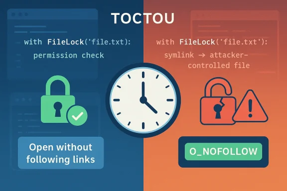 TOCTOU: race between permission check and file use in file locking.