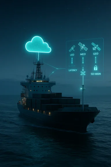 A cargo ship at sea with a glowing cloud icon and a neon network diagram. A cargo ship at sea with a glowing cloud icon and a neon network diagram.